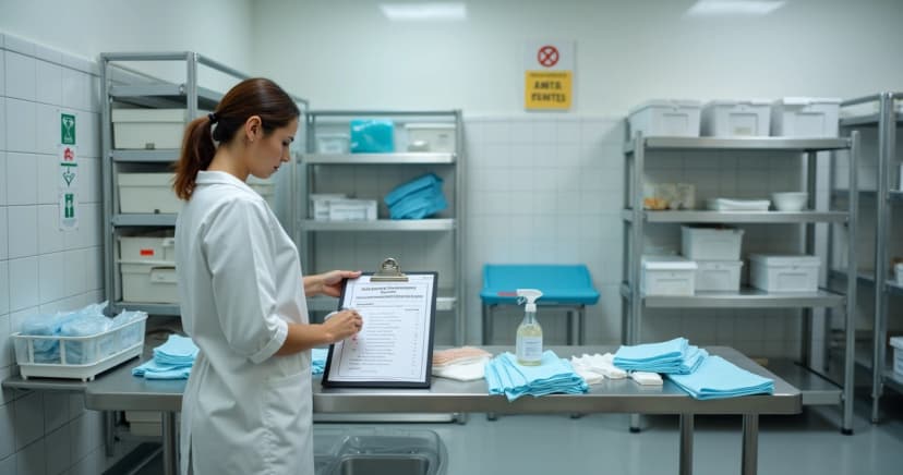Gestor de farmácia preenchendo checklist de higiene e segurança em área de manipulação
