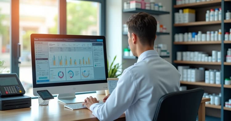 Farmacêutico usando sistema ERP em computador moderno com controles de estoque e vendas na tela