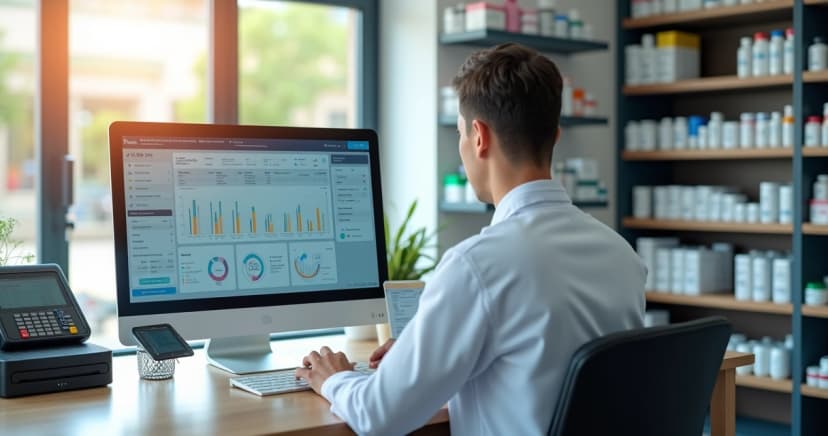 Farmacêutico usando sistema ERP em computador moderno com controles de estoque e vendas na tela