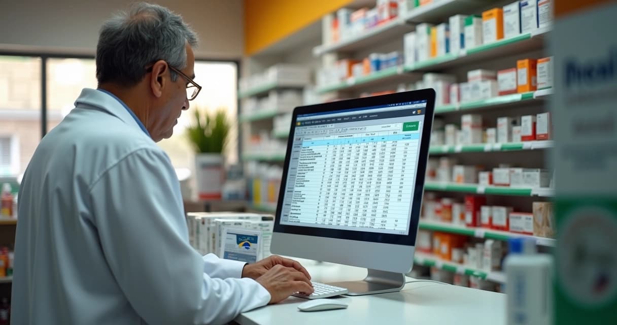 Balcão de farmácia com farmacêutico consultando preços de medicamentos no computador