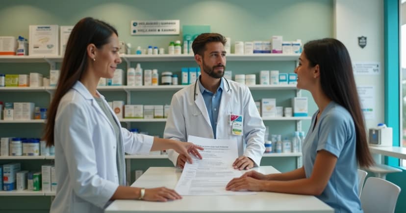 Farmacêutico atendendo cliente em balcão de farmácia organizada