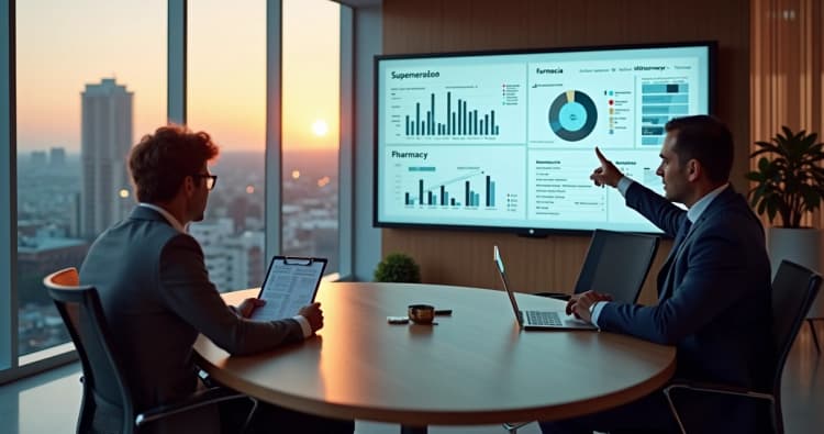 Gestores analisando concorrência entre drogaria e supermercado em painel digital