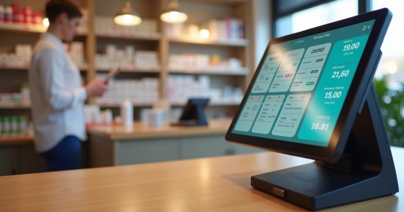 Maquininha de cartão integrada ao sistema de gestão em farmácia com tela exibindo vendas e estoque