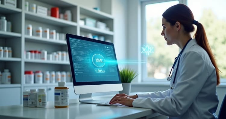 Farmacêutica usando computador para transmitir arquivo XML ao sistema SNGPC na farmácia com prateleiras de medicamentos ao fundo