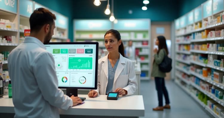 Balcão de farmácia com farmacêutico atendendo cliente e tela de sistema de gestão aberta
