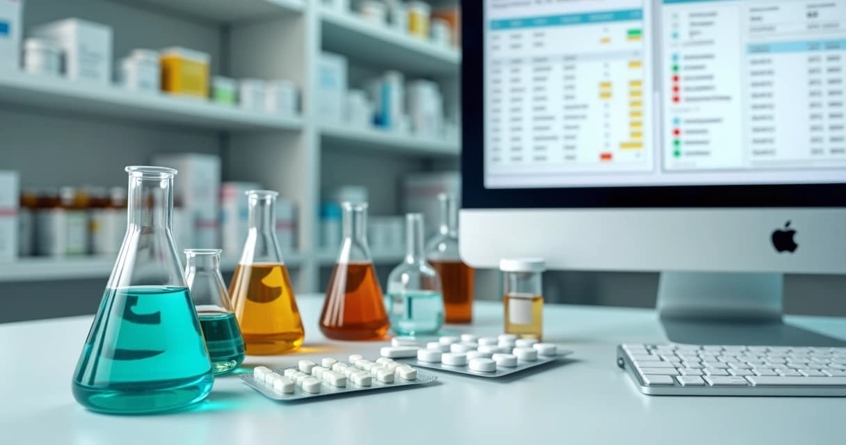 Bancada de farmácia com frascos coloridos representando diferentes fármacos organizados ao lado de computador com sistema de gestão aberto