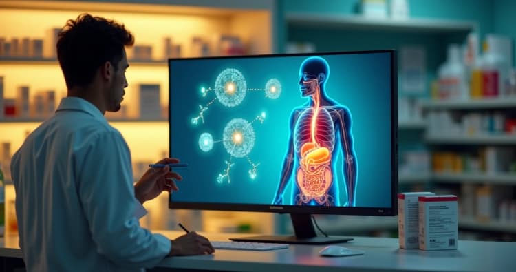 Farmacêutico observa ilustração de medicamento agindo no organismo em monitor no balcão