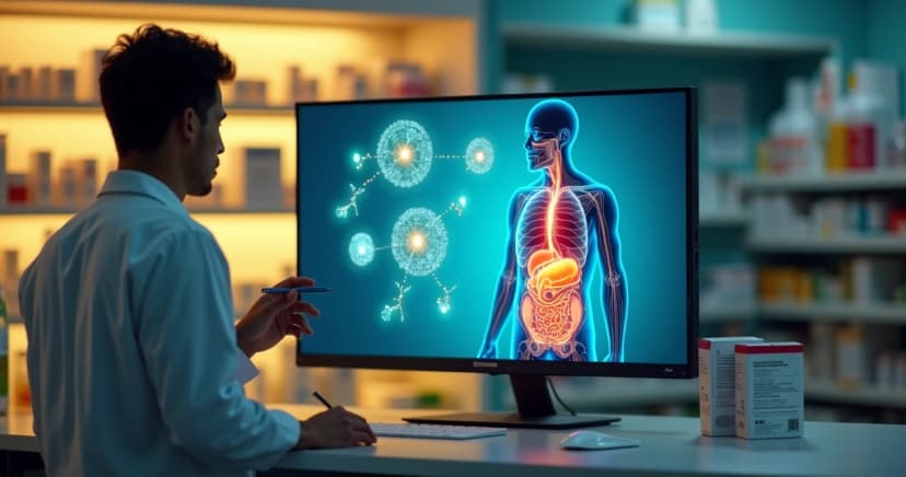 Farmacêutico observa ilustração de medicamento agindo no organismo em monitor no balcão