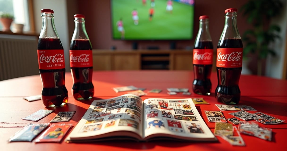 Garrafa de refrigerante com pacotinhos de figurinhas especiais da Copa ao lado de álbum aberto