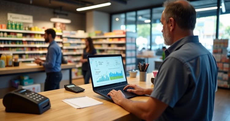 Gestor de loja de varejo analisando fluxo de caixa em notebook no balcão de atendimento