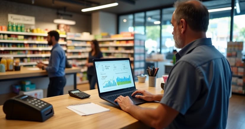 Gestor de loja de varejo analisando fluxo de caixa em notebook no balcão de atendimento