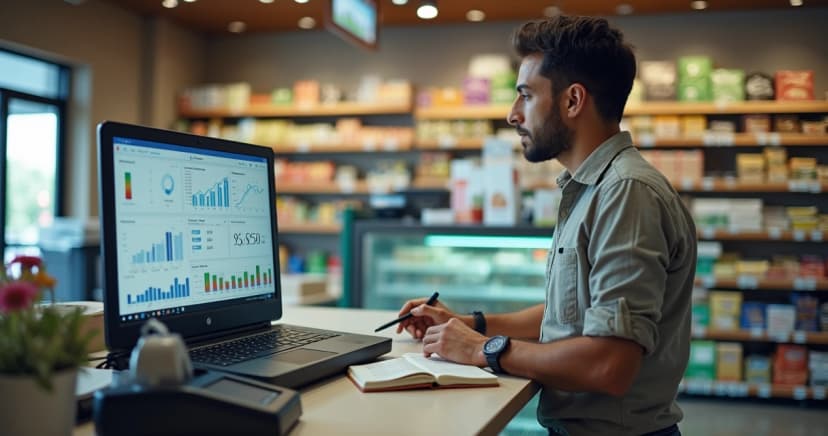 Gestor de loja analisando fluxo de caixa em notebook no balcão do varejo