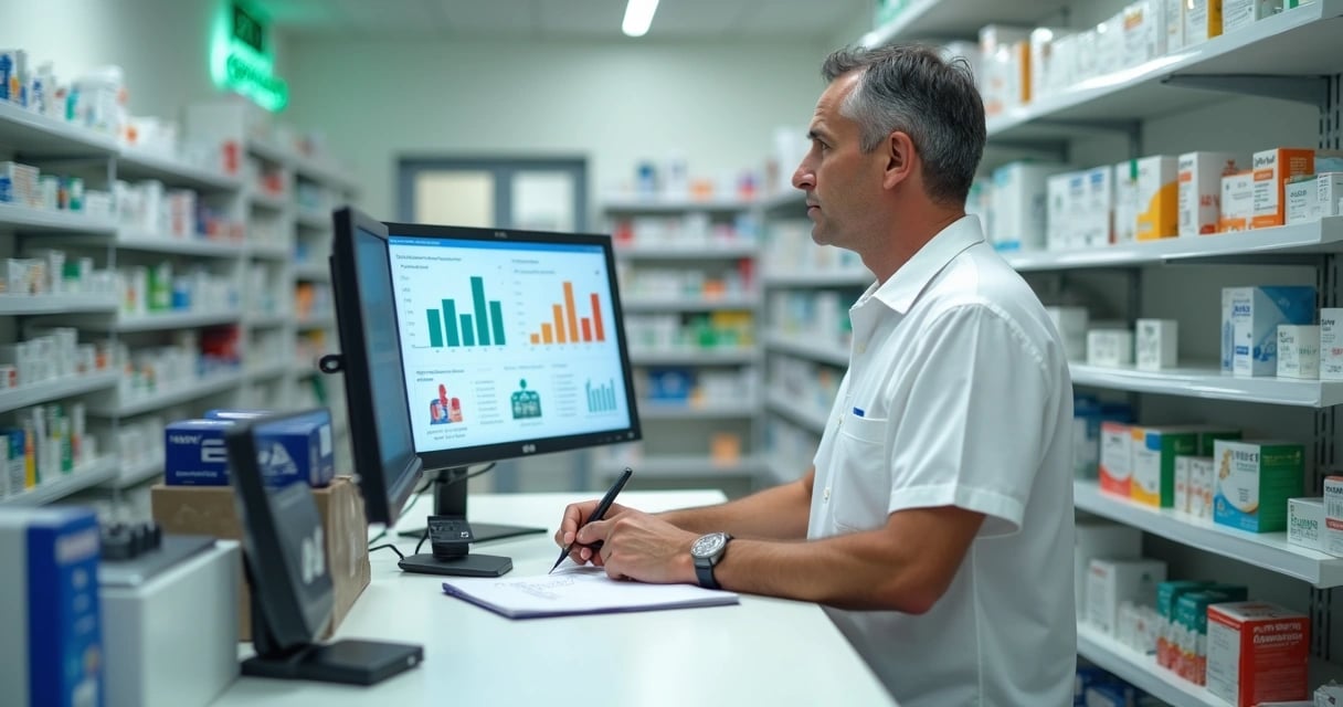 Farmacêrio analisando gestão de compras em frente ao computador no balcão da farmácia