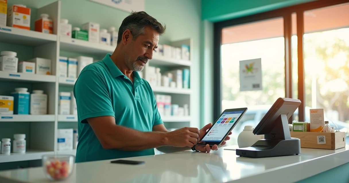 Gestor de farmácia nordestina usando tablet ao lado de balança no balcão