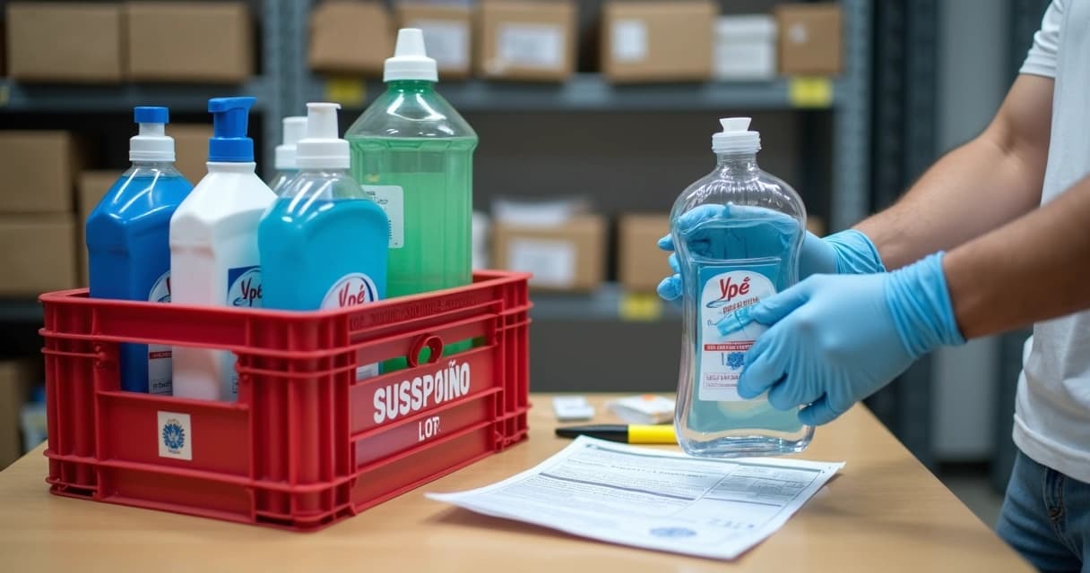 Fiscal analisa frascos de produtos Ypê separados em área de inspeção