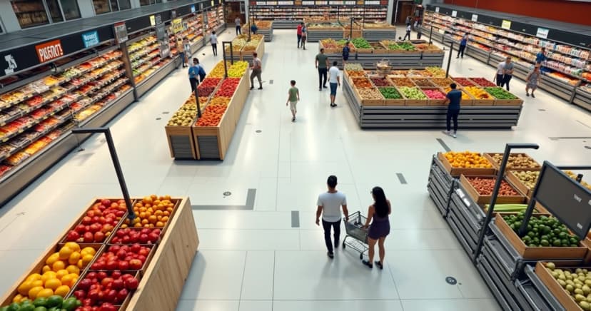 Visão aérea de supermercado mostrando organização estratégica dos corredores e produtos