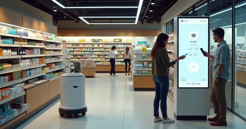 Loja de varejo moderna em 2026 com autoatendimento digital e esteira automatizada