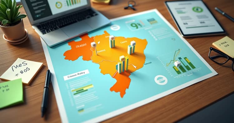 Mapa do Nordeste com ilustrações de farmácias e gráficos de crescimento