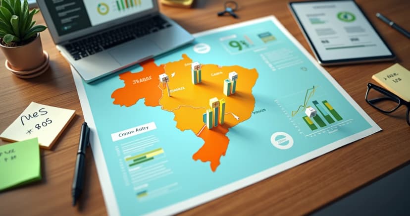 Mapa do Nordeste com ilustrações de farmácias e gráficos de crescimento