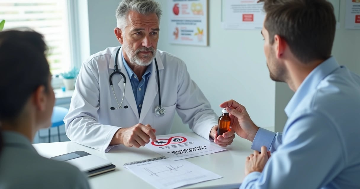 Médico mostrando frasco de remédio com símbolo de proibido para paciente adulto