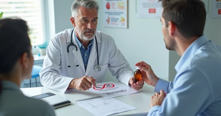 Médico mostrando frasco de remédio com símbolo de proibido para paciente adulto