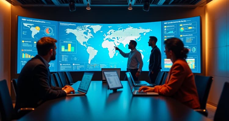 Gestores de varejo observam grande painel digital com dados e tendências do NRF 2026