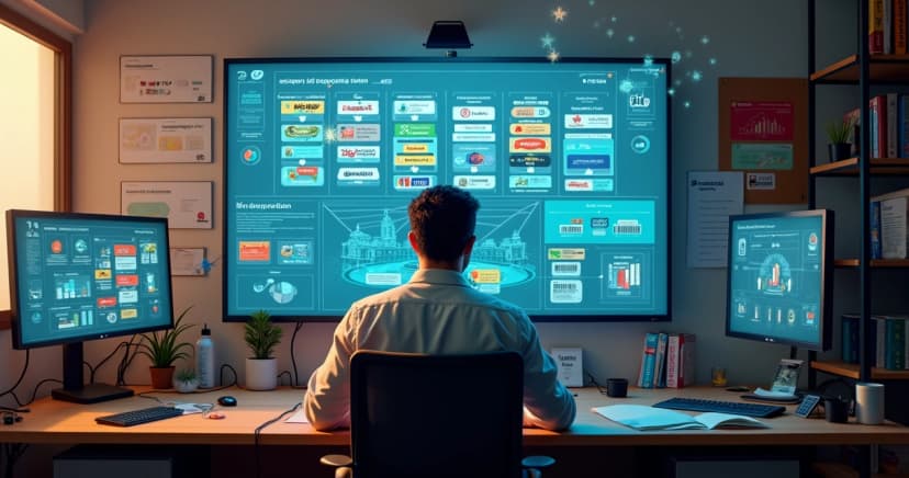 Gerente de supermercado analisando painel digital de promoções integradas no escritório da loja