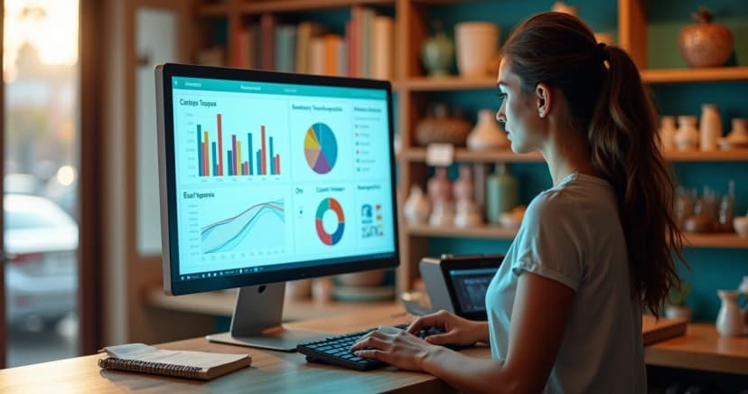 Dona de pequena loja de rua analisando painel de ERP com gráficos de vendas e estoque