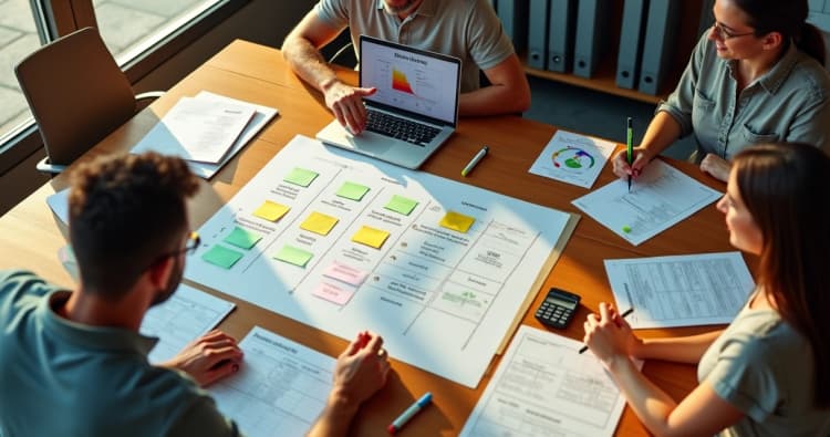 Mesa de reunião com empresários montando plano de ação com gráficos e post-its