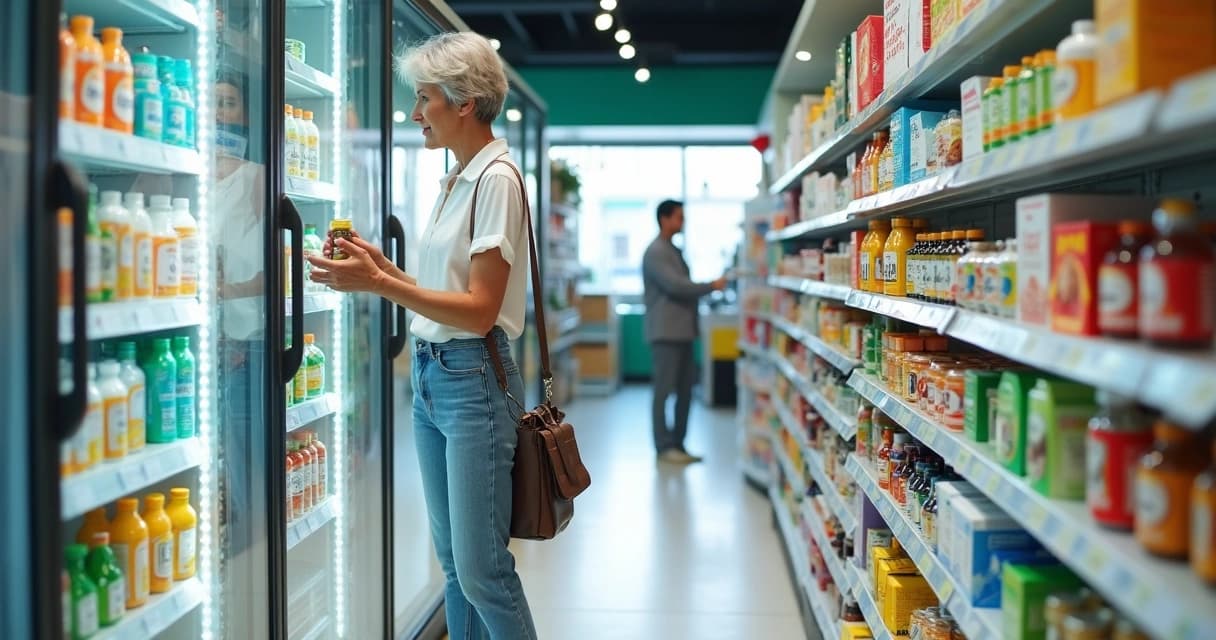 Prateleira de farmácia com alimentos para fins especiais e destaque para vitaminas