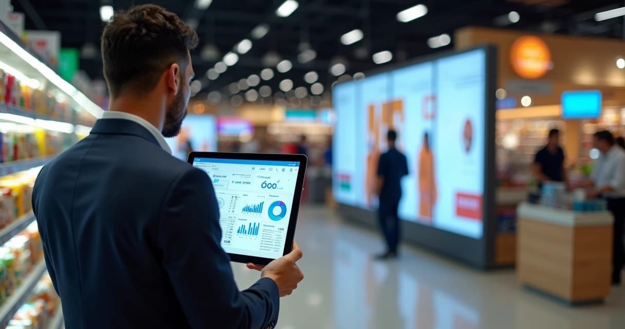 Gestor de varejo analisa painel digital de retail media em loja com gôndolas e telas de anúncio