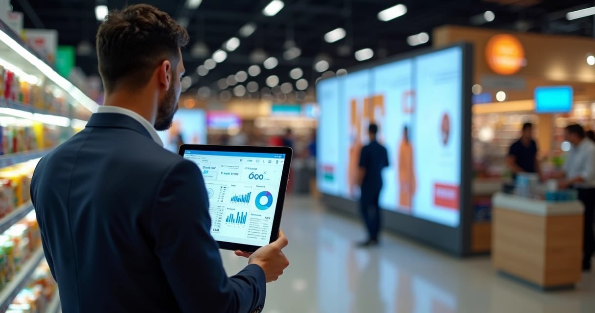 Gestor de varejo analisa painel digital de retail media em loja com gôndolas e telas de anúncio