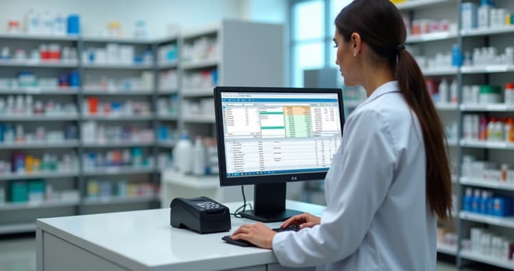Farmacêutico usando sistema PDV no caixa da farmácia com monitor e leitor de código de barras em ambiente claro e organizado