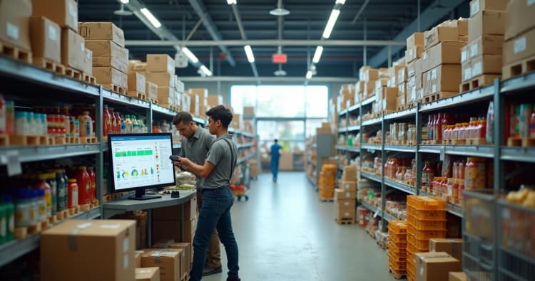 Vista aérea de depósito de supermercado com telas exibindo sistema ERP