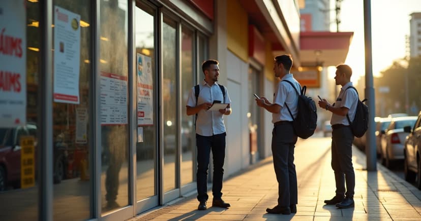 Fachada de supermercado fechado ao fundo e grupo de pessoas debatendo à frente