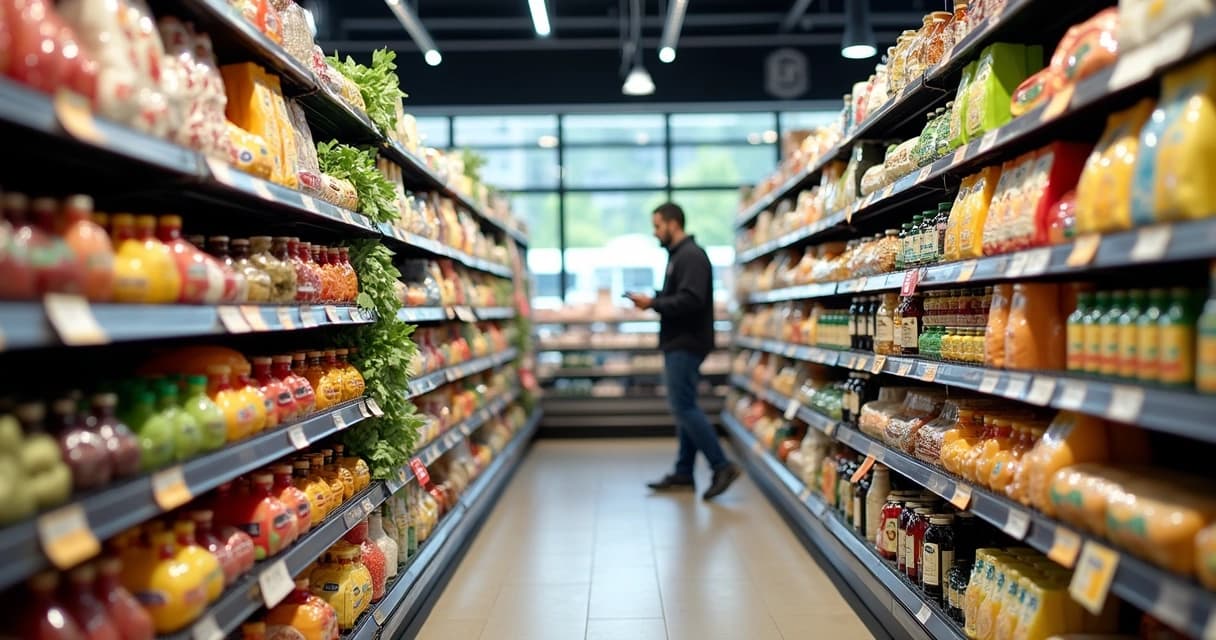 Prateleiras organizadas com mix diversificado de produtos em supermercado moderno