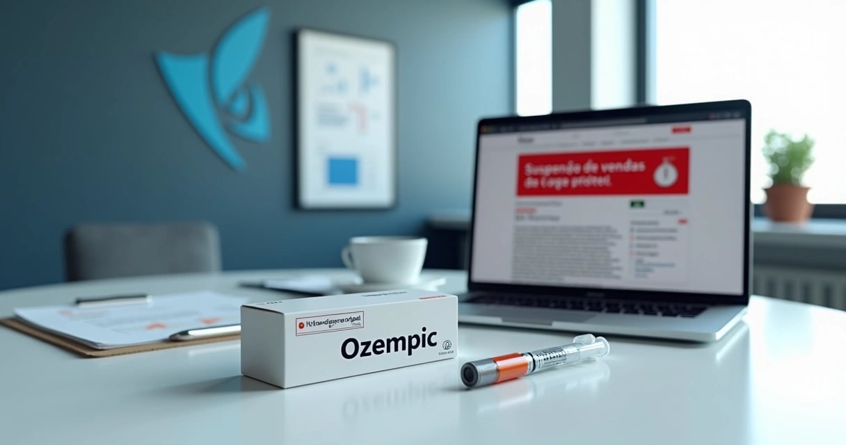 Caixa de Ozempic sobre laptop exibindo aviso de suspensão de vendas