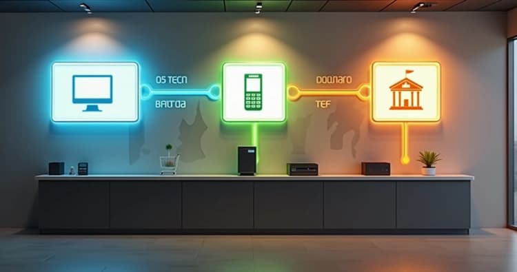 Mural com ícones de TEF, POS e adquirente ligados por cabos coloridos