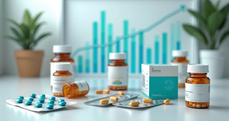 Medicamentos genéricos em embalagens diversas organizadas sobre mesa branca com gráficos de crescimento ao fundo