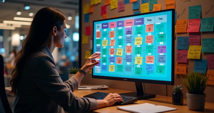 Gestor de varejo montando calendário promocional colorido em vitrine digital